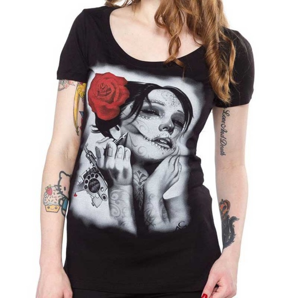 Charlie Medina Tops - Tattoo Art Day of the Dead Women's Black Tee S-M-L-XL-XXL
